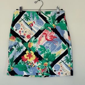 Talbots Sz 4 Petite Blue Green Windowpane Flamingo Tropical Print Mini Skirt